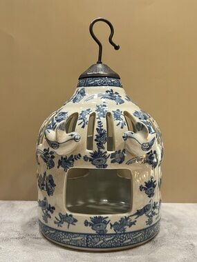 Vintage Chinese Chinoiserie Ceramic Hanging Birdcage Lantern Blue & White